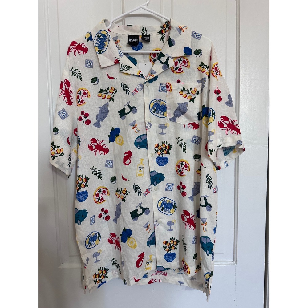 Mad Engine Mens XL Linen Blend Mediterranean Pizza Lobster Print Camp Shirt New